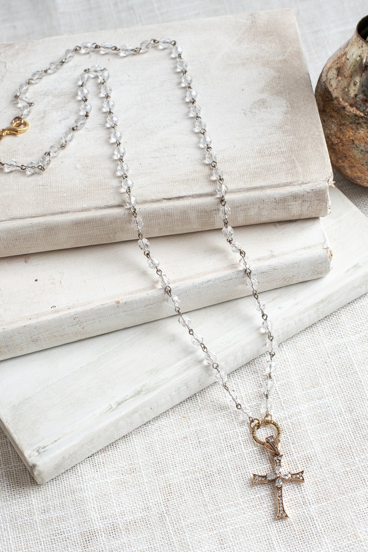 Vintage Style Sterling Silver Pave Cross with Bronze Plating on a Czech Crystal Rosary Chain