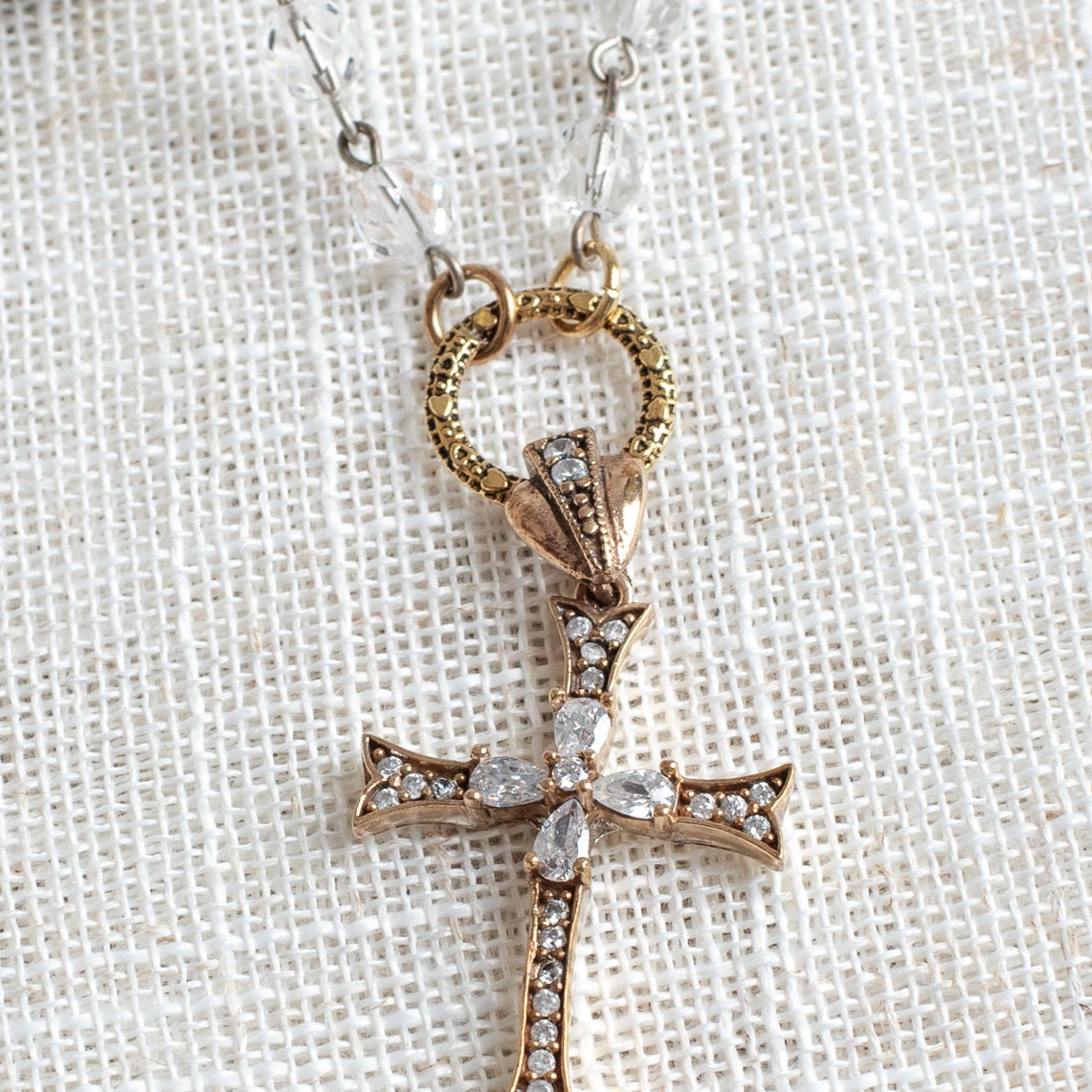 Bronze-Plated Sterling Silver Pavé Cross & Czech Crystal Rosary Chain Necklace