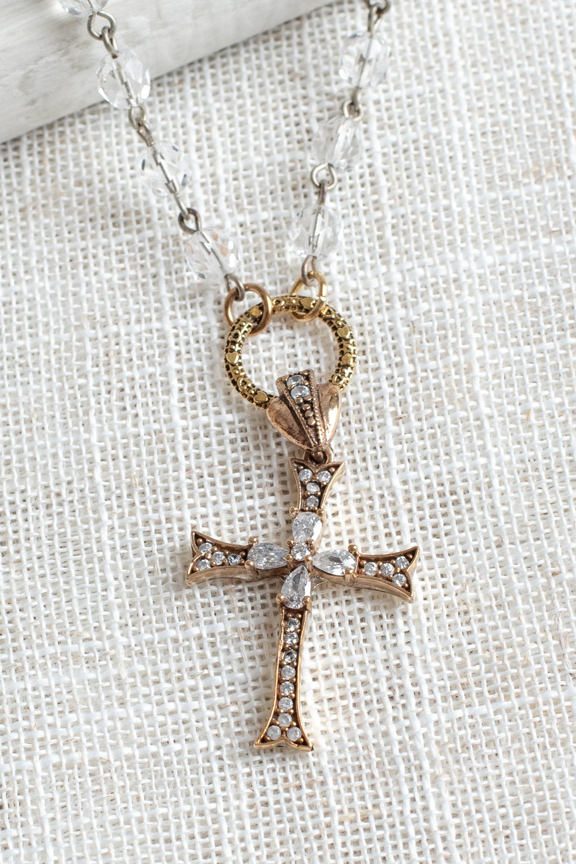 Vintage Style Sterling Silver Pave Cross with Bronze Plating on a Czech Crystal Rosary Chain