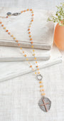 Pavé Cross Layered Over Silver Pendant on Orange Agate & Silver Rosary Chain Y Necklace