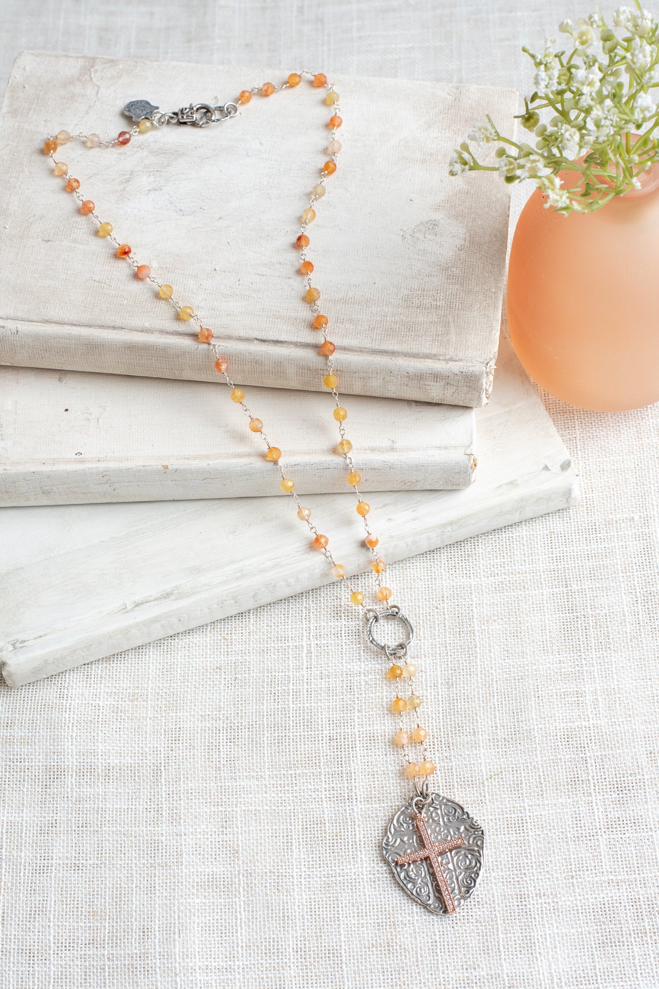 Pavé Cross Layered Over Silver Pendant on Orange Agate & Silver Rosary Chain Y Necklace