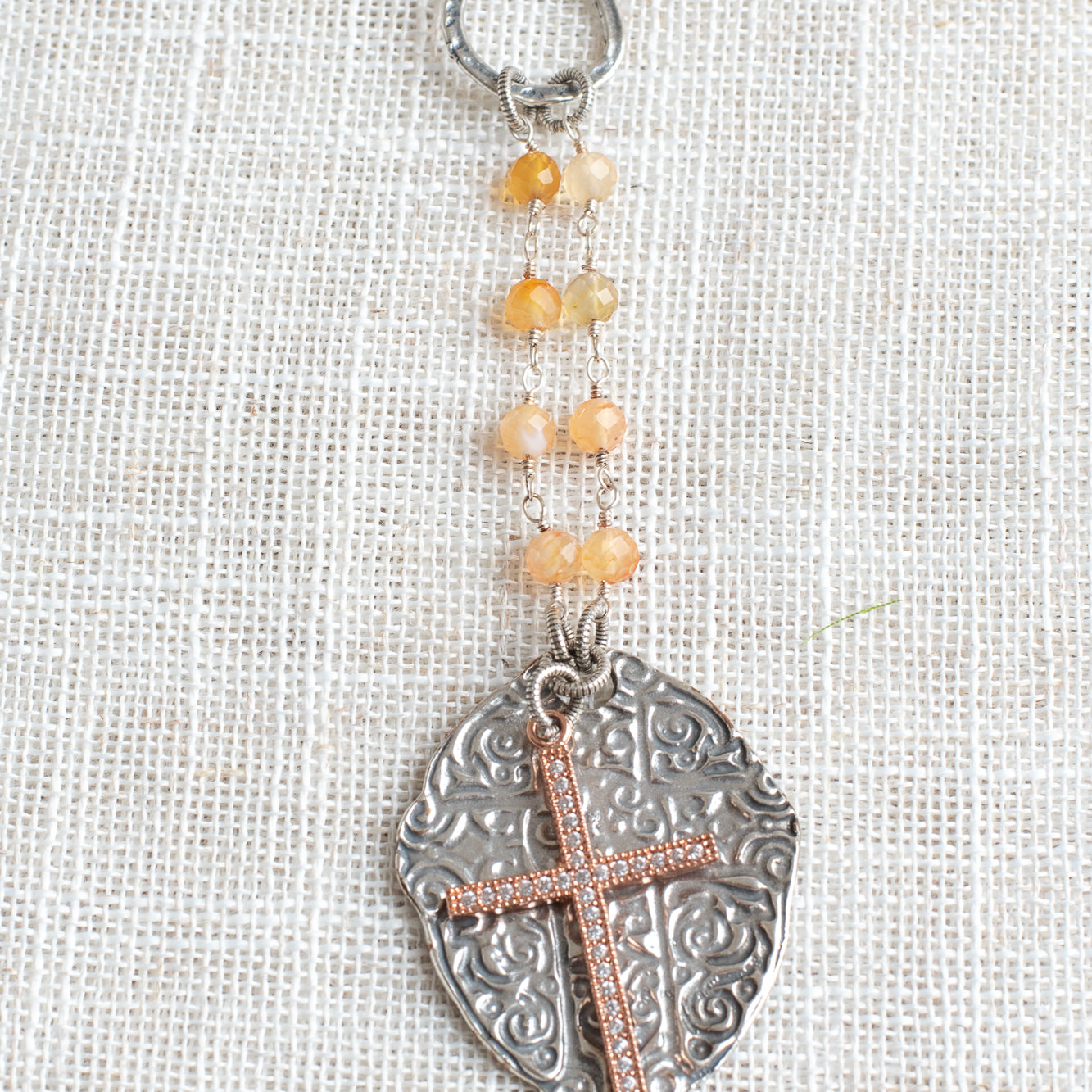 Pavé Cross Layered Over Silver Pendant on Orange Agate & Silver Rosary Chain Y Necklace