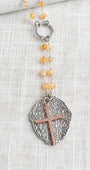 Pavé Cross Layered Over Silver Pendant on Orange Agate & Silver Rosary Chain Y Necklace