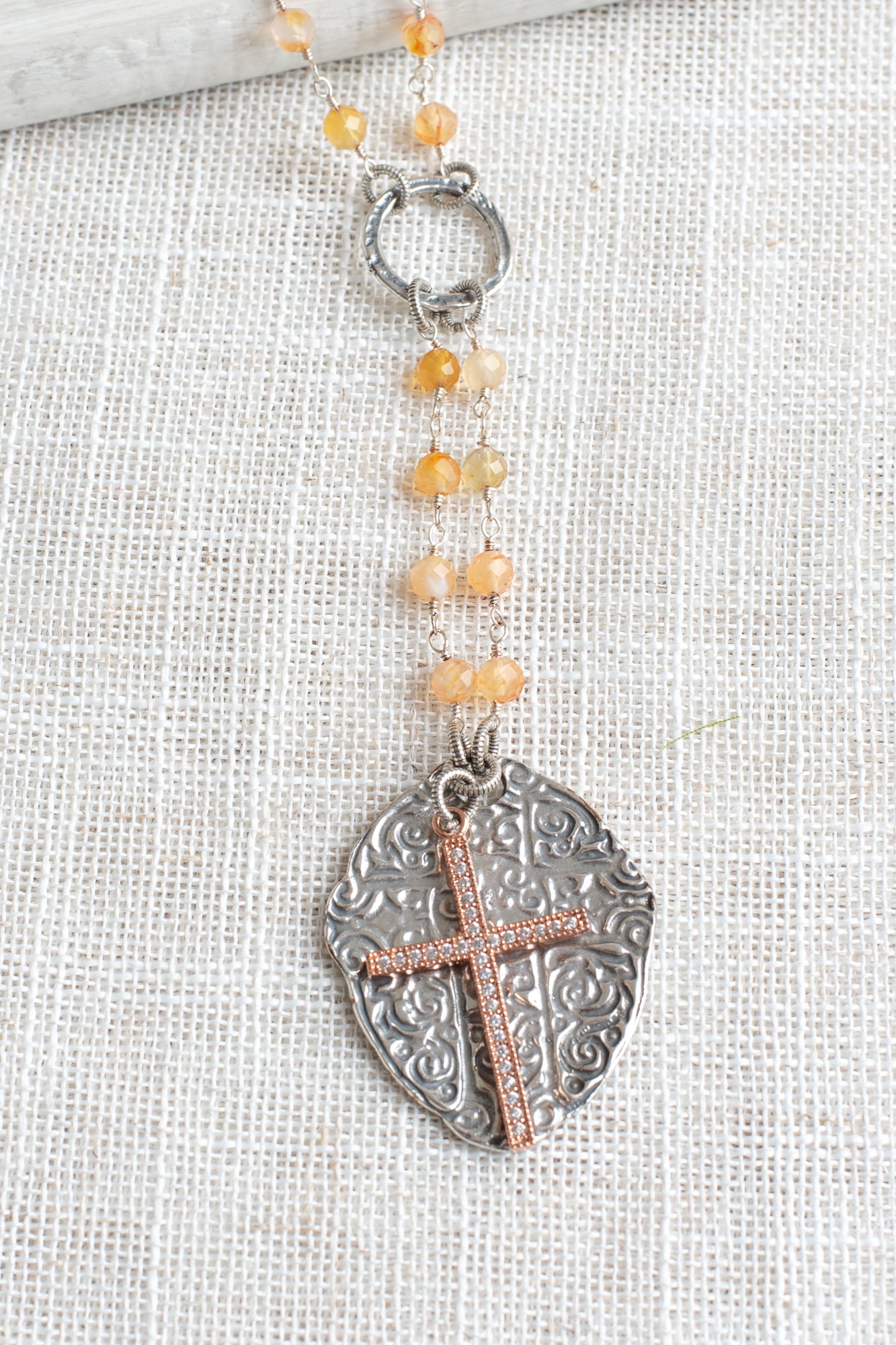 Pavé Cross Layered Over Silver Pendant on Orange Agate & Silver Rosary Chain Y Necklace
