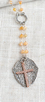 Pavé Cross Layered Over Silver Pendant on Orange Agate & Silver Rosary Chain Y Necklace