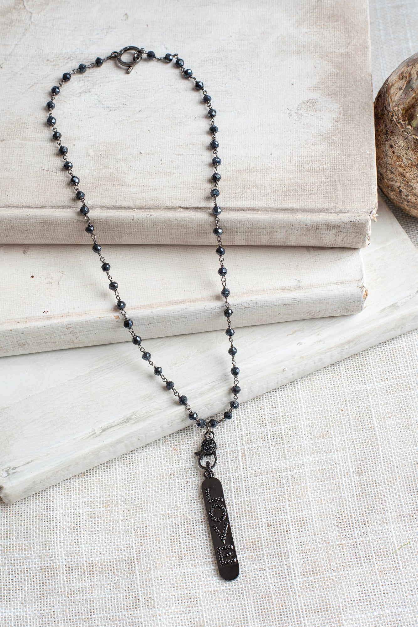Pavé LOVE Pendant Necklace with Hematite and Sterling Silver Rosary Bead Chain