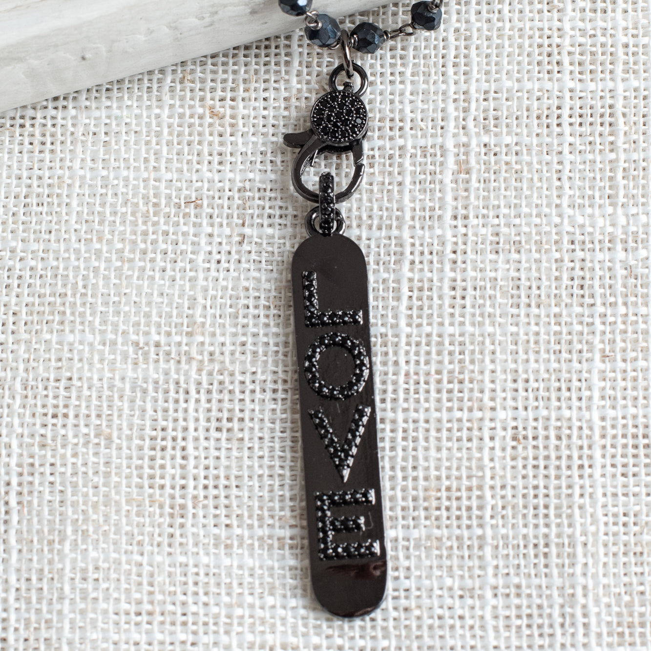 Pavé LOVE Pendant Necklace with Hematite and Sterling Silver Rosary Bead Chain