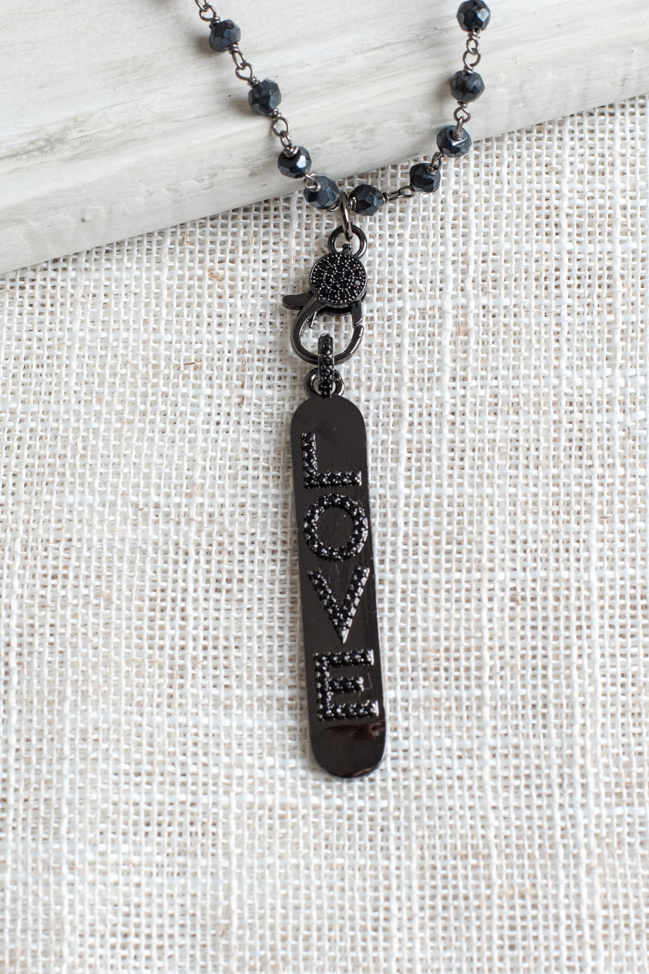 Pavé LOVE Pendant Necklace with Hematite and Sterling Silver Rosary Bead Chain