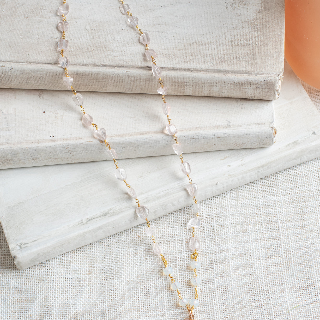 Large Rose Quartz Free Form Gemstone Chain Necklace with Arrow Shaped Rose Quartz Pendant