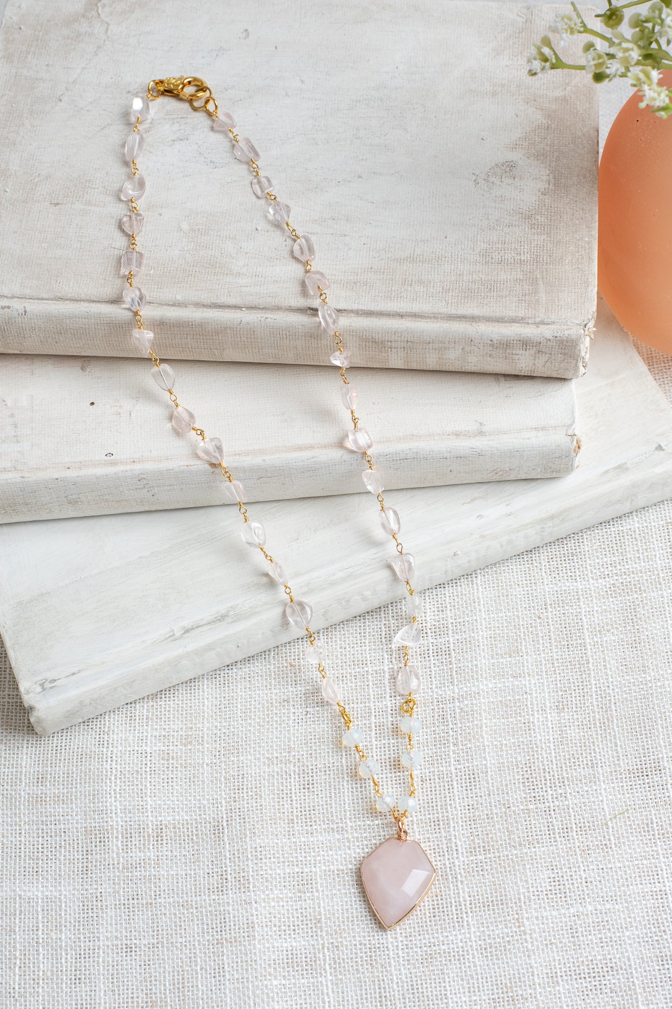 Large Rose Quartz Free Form Gemstone Chain Necklace with Arrow Shaped Rose Quartz Pendant