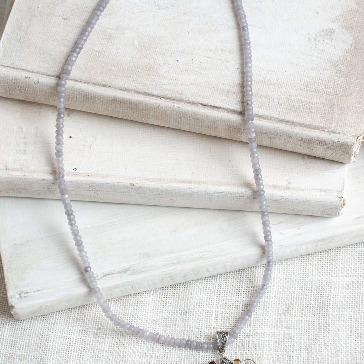 Garnet and Yellow Citrine Sterling Silver Filigree Cross Floral Pendant on Gray Jade Beaded Short Necklace