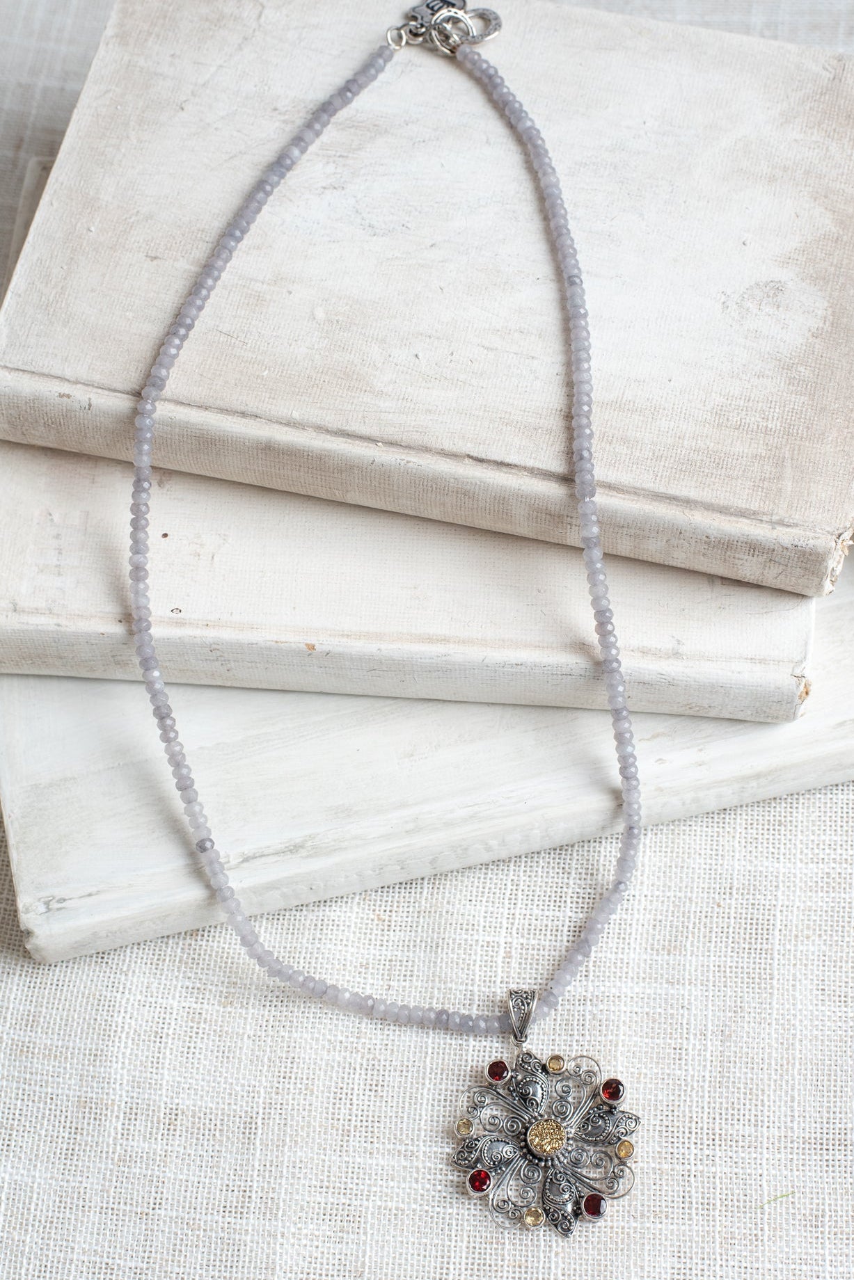 Garnet and Yellow Citrine Sterling Silver Filigree Cross Floral Pendant on Gray Jade Beaded Short Necklace