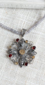 Garnet and Yellow Citrine Sterling Silver Filigree Cross Floral Pendant on Gray Jade Beaded Short Necklace