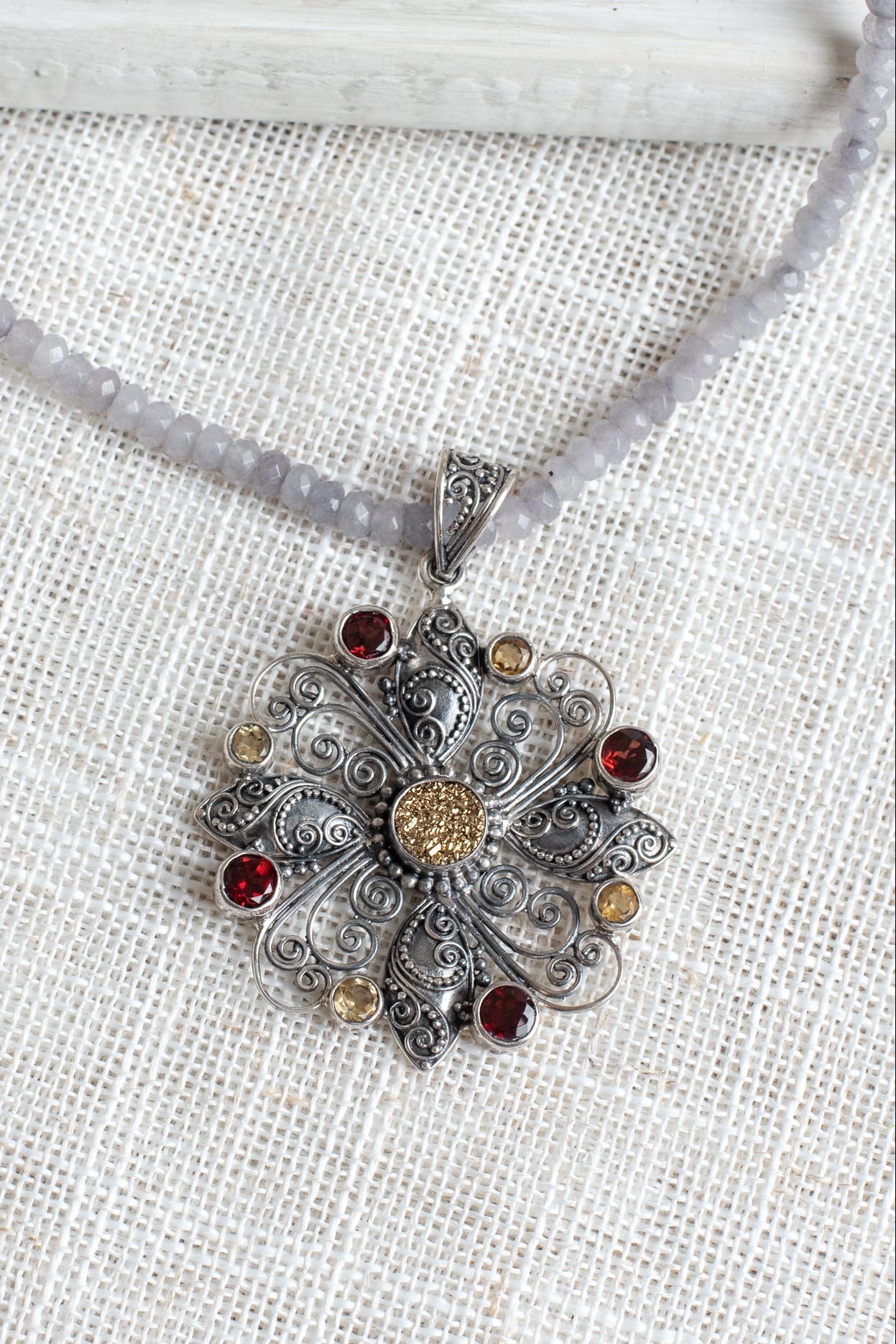 Garnet and Yellow Citrine Sterling Silver Filigree Cross Floral Pendant on Gray Jade Beaded Short Necklace