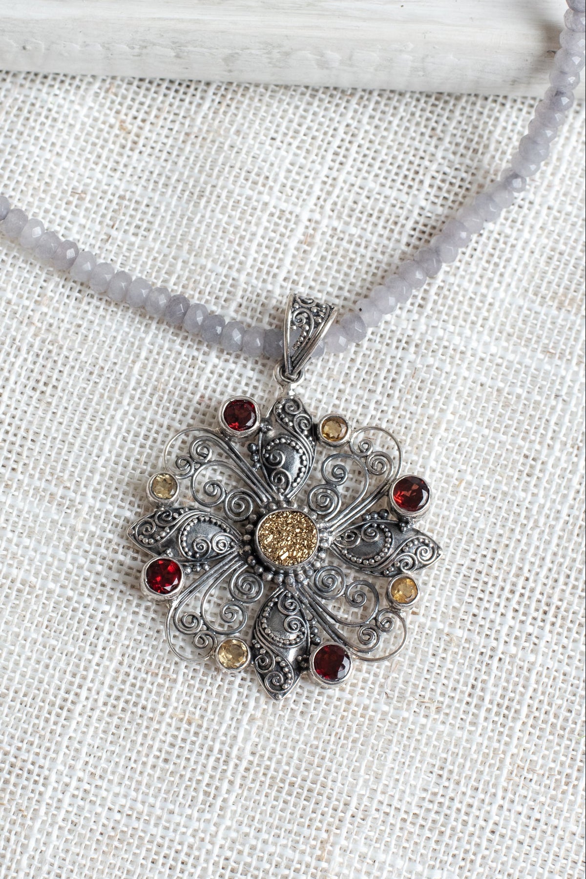 Garnet and Yellow Citrine Sterling Silver Filigree Cross Floral Pendant on Gray Jade Beaded Short Necklace