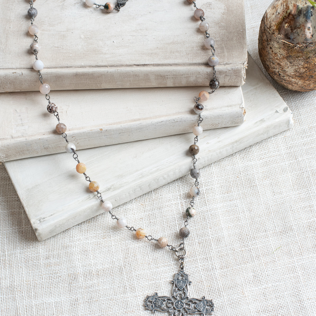 Italian Filigree Silver Plated Crown and Fleur de Lis Cross Pendant on a Dendritic Opal Stone Beaded Rosary Chain Necklace