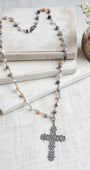 Italian Filigree Silver Plated Crown and Fleur de Lis Cross Pendant on a Dendritic Opal Stone Beaded Rosary Chain Necklace