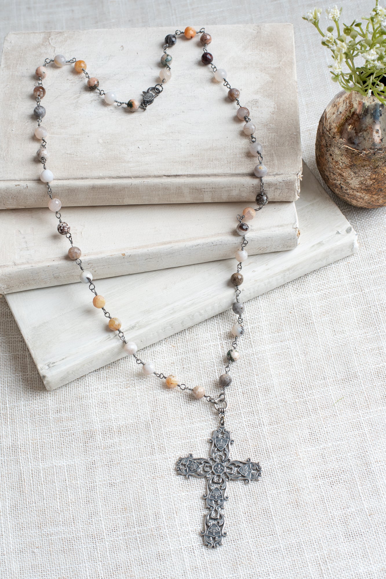 Italian Filigree Silver Plated Crown and Fleur de Lis Cross Pendant on a Dendritic Opal Stone Beaded Rosary Chain Necklace