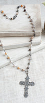 Italian Filigree Silver Plated Crown and Fleur de Lis Cross Pendant on a Dendritic Opal Stone Beaded Rosary Chain Necklace