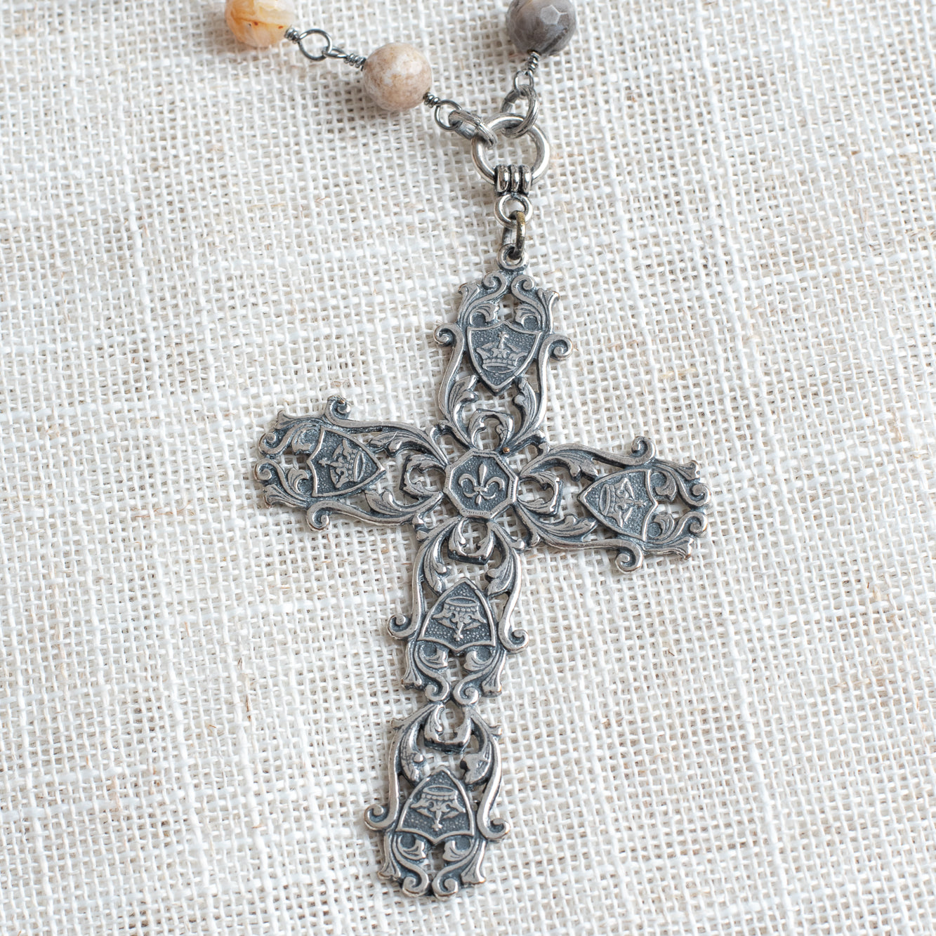 Dendritic Opal & Italian Filigree Fleur-de-Lis Cross Necklace
