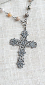 Italian Filigree Silver Plated Crown and Fleur de Lis Cross Pendant on a Dendritic Opal Stone Beaded Rosary Chain Necklace