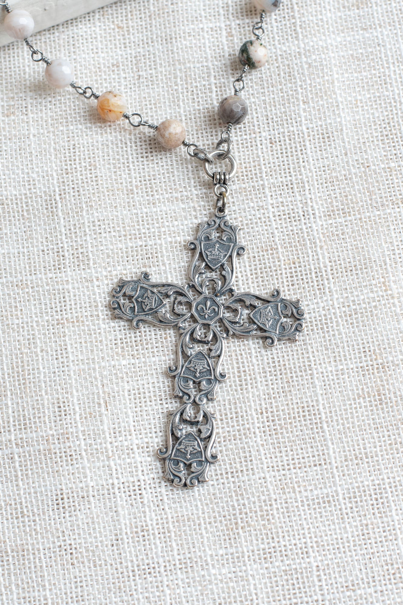 Italian Filigree Silver Plated Crown and Fleur de Lis Cross Pendant on a Dendritic Opal Stone Beaded Rosary Chain Necklace