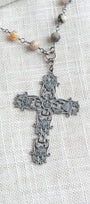 Dendritic Opal & Italian Filigree Fleur-de-Lis Cross Necklace