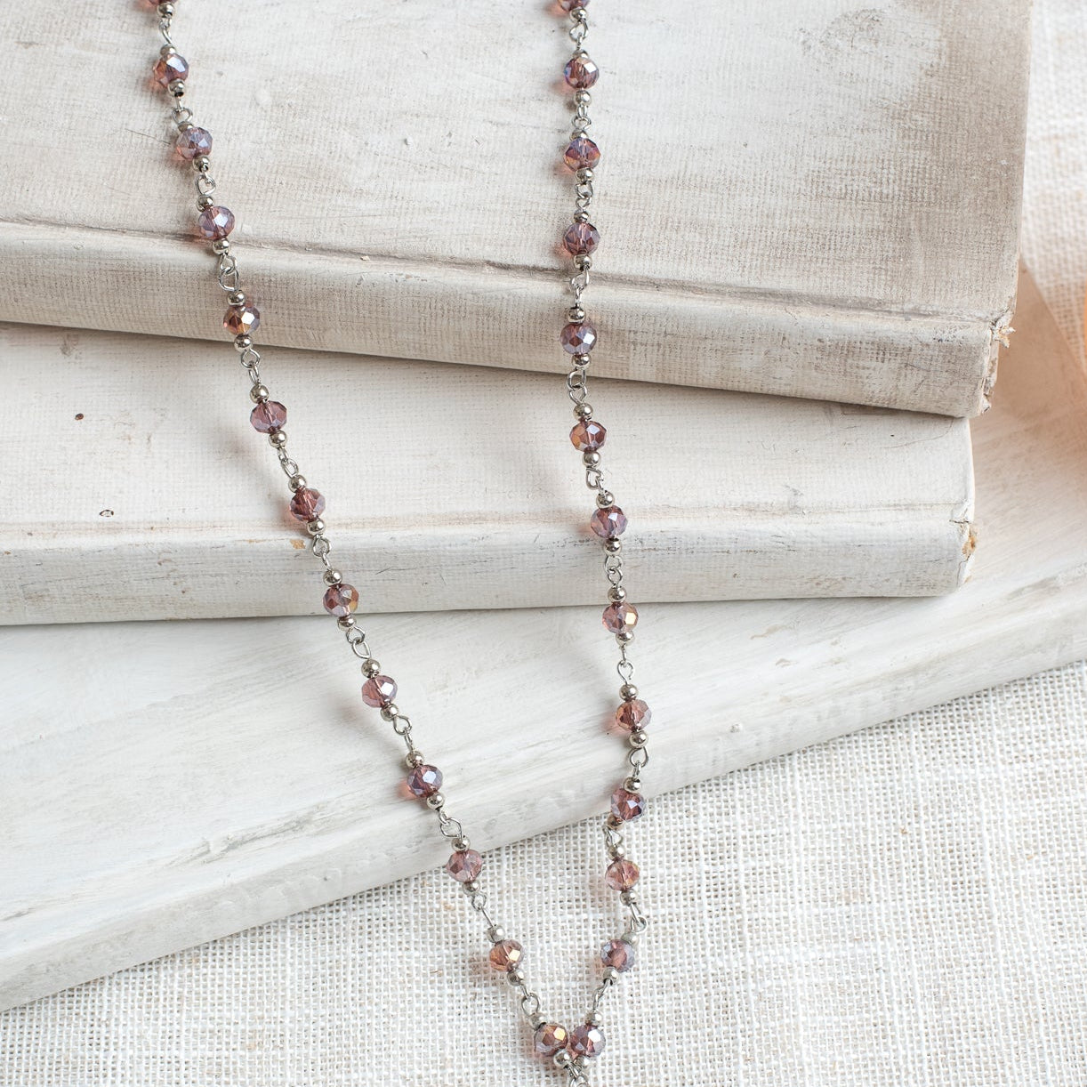 Ornate Antiqued Silver Fleur de Lis Pendant on a Deep Red AB Crystal and Silver Rosary Chain Necklace