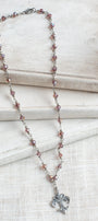 Ornate Antiqued Silver Fleur de Lis Pendant on a Deep Red AB Crystal and Silver Rosary Chain Necklace