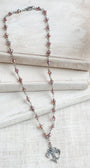Antiqued Silver Fleur de Lis on a Deep Red AB Crystal and Silver Rosary Chain Necklace