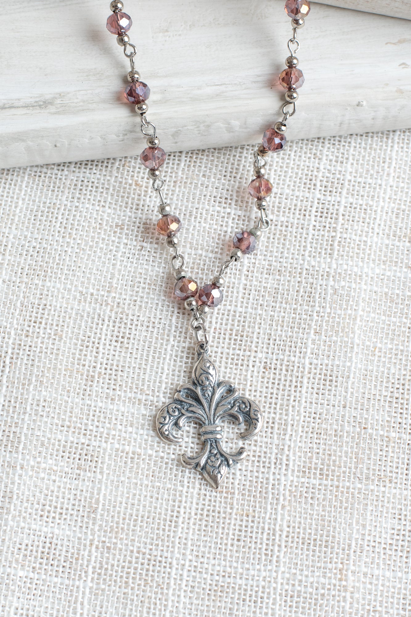 Ornate Antiqued Silver Fleur de Lis Pendant on a Deep Red AB Crystal and Silver Rosary Chain Necklace