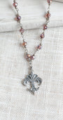 Antiqued Silver Fleur de Lis on a Deep Red AB Crystal and Silver Rosary Chain Necklace