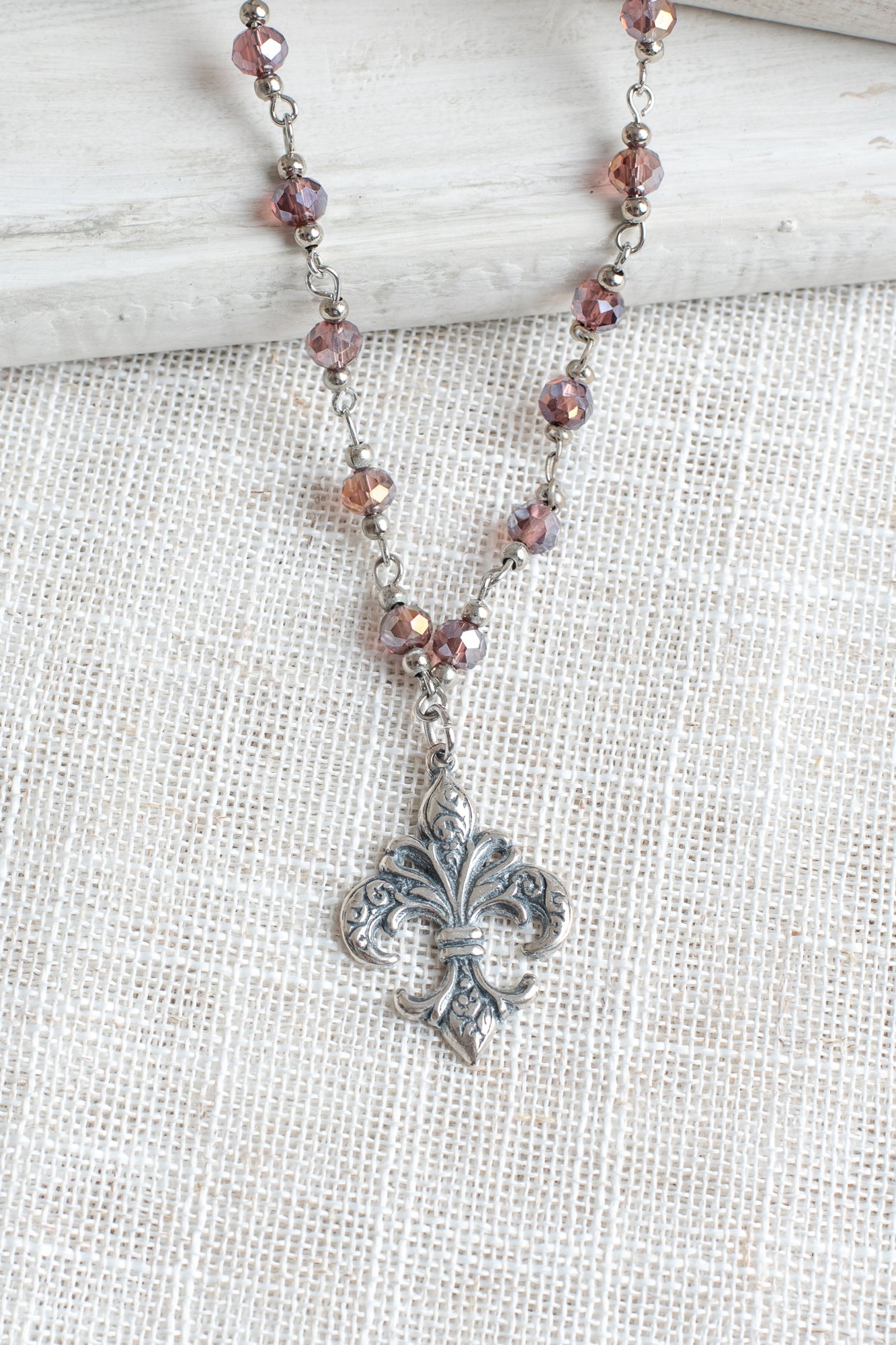 Antiqued Silver Fleur de Lis on a Deep Red AB Crystal and Silver Rosary Chain Necklace