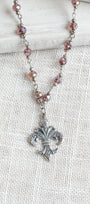 Antiqued Silver Fleur de Lis on a Deep Red AB Crystal and Silver Rosary Chain Necklace
