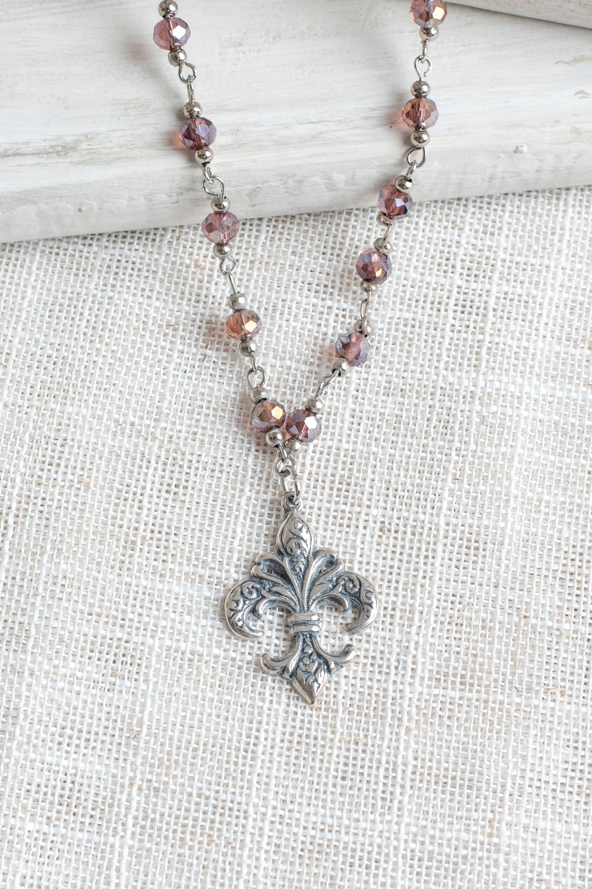 Antiqued Silver Fleur de Lis on a Deep Red AB Crystal and Silver Rosary Chain Necklace