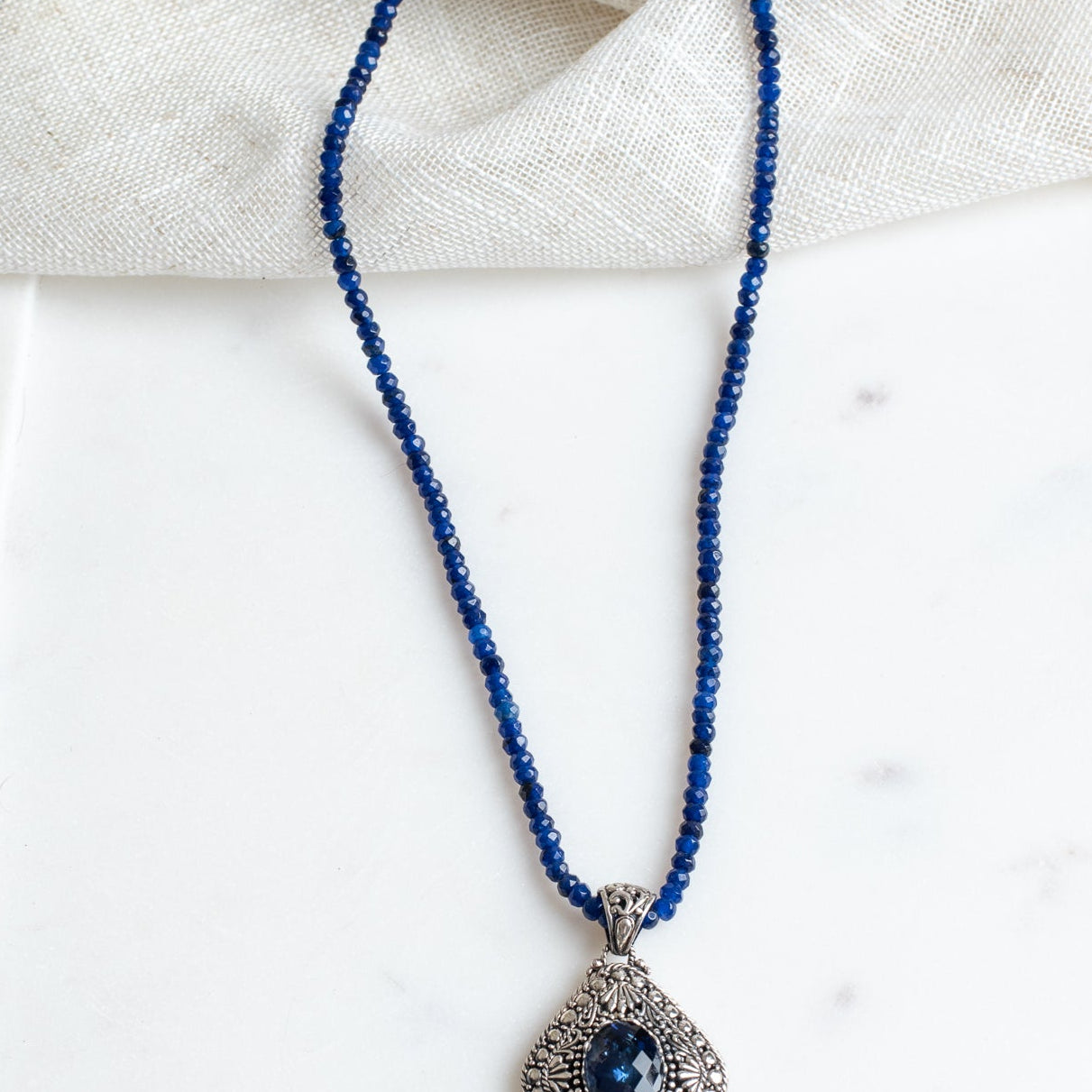 Bali Style Diamond Shaped Blue Quartz Filigree Pendant on Beaded Blue Jade Necklace