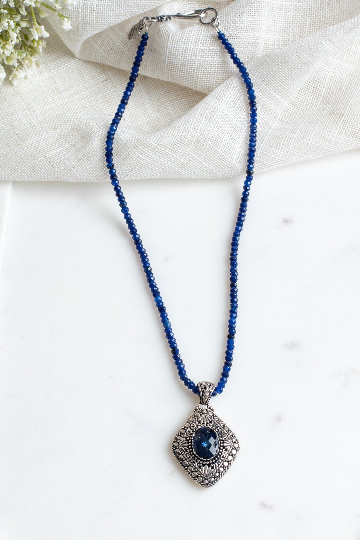 Bali Style Diamond Shaped Blue Quartz Filigree Pendant on Beaded Blue Jade Necklace