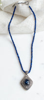 Bali Style Diamond Shaped Blue Quartz Filigree Pendant on Beaded Blue Jade Necklace