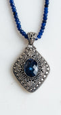 Bali Style Diamond Shaped Blue Quartz Filigree Pendant on Beaded Blue Jade Necklace