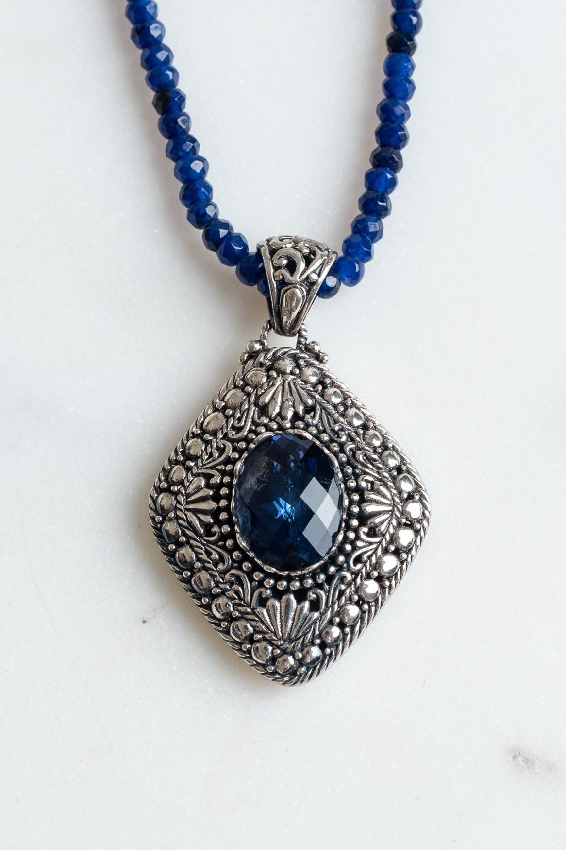 Bali Style Diamond Shaped Blue Quartz Filigree Pendant on Beaded Blue Jade Necklace