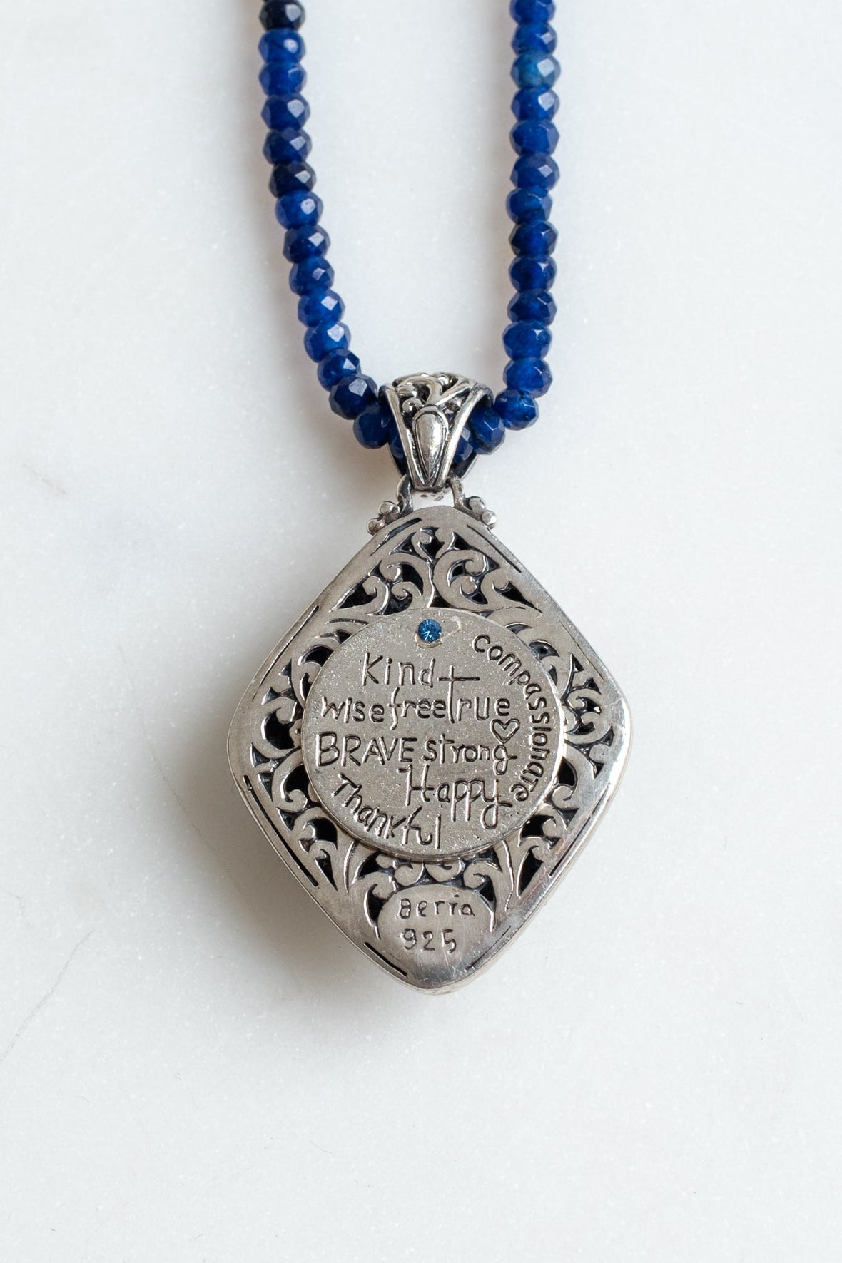Bali Style Diamond Shaped Blue Quartz Filigree Pendant on Beaded Blue Jade Necklace