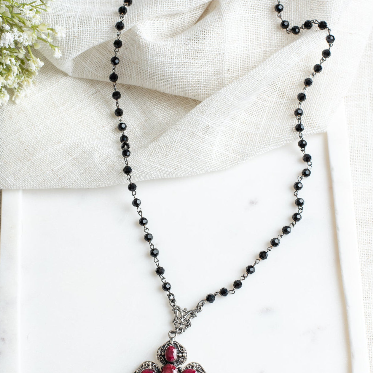 Ornate Ruby Sterling Silver Renaissance Cross Pendant on a Black Crystal Rosary Chain Necklace