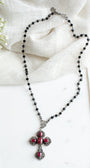 Ornate Ruby Sterling Silver Renaissance Cross Pendant on a Black Crystal Rosary Chain Necklace