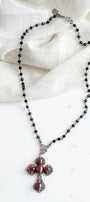 Ornate Ruby Sterling Silver Renaissance Cross Pendant on a Black Crystal Rosary Chain Necklace