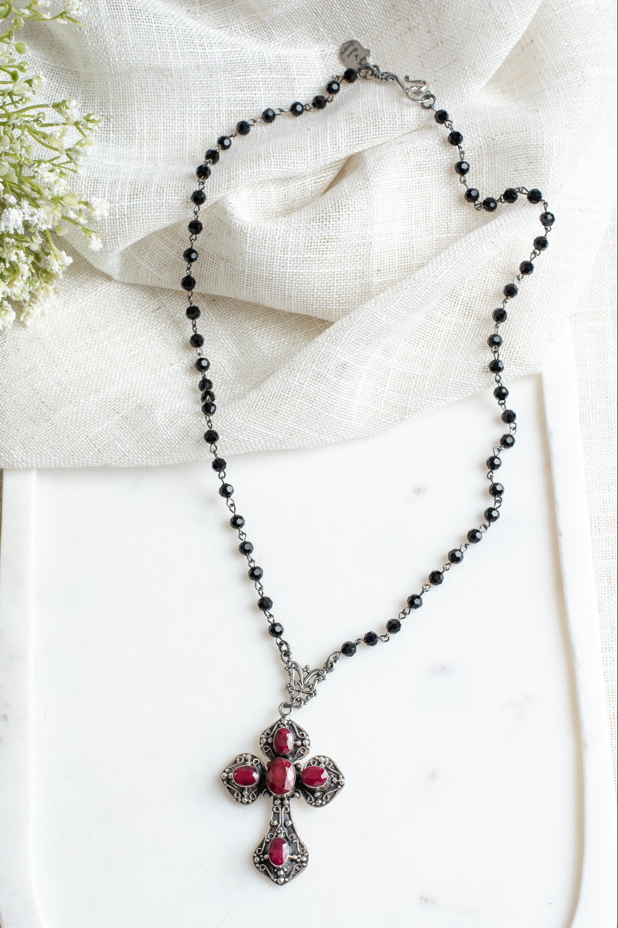 Ornate Ruby Sterling Silver Renaissance Cross Pendant on a Black Crystal Rosary Chain Necklace