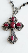 Ornate Ruby Sterling Silver Renaissance Cross Pendant on a Black Crystal Rosary Chain Necklace