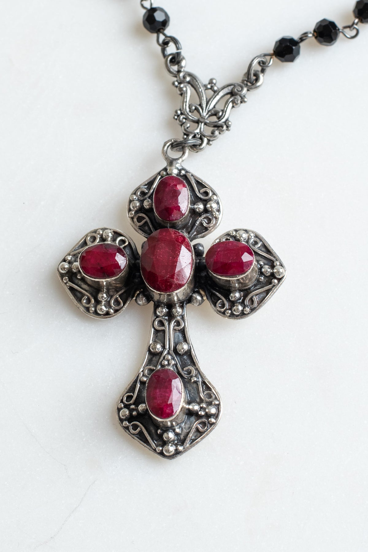 Ornate Ruby Sterling Silver Renaissance Cross Pendant on a Black Crystal Rosary Chain Necklace