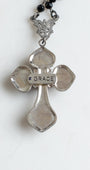 Ornate Ruby Sterling Silver Renaissance Cross Pendant on a Black Crystal Rosary Chain Necklace