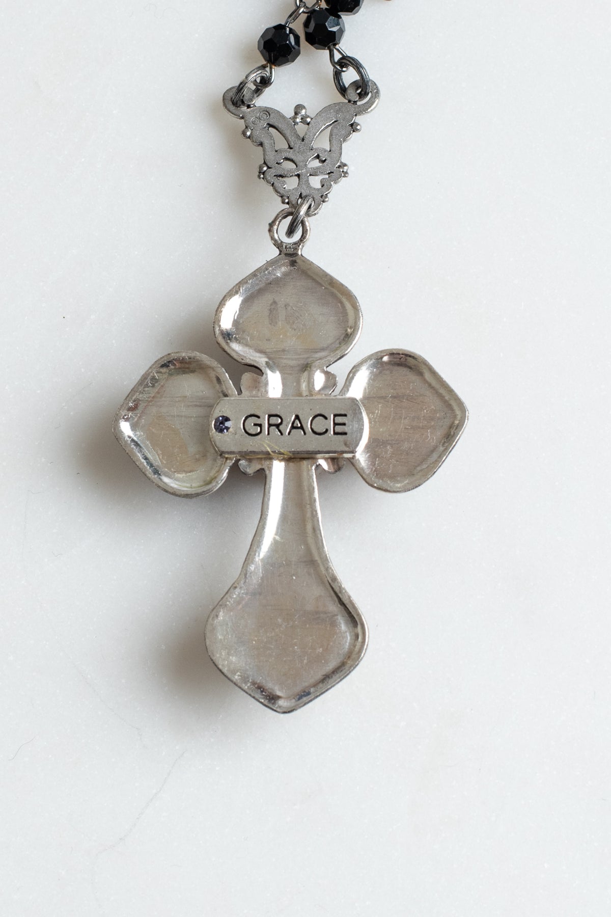 Ornate Ruby Sterling Silver Renaissance Cross Pendant on a Black Crystal Rosary Chain Necklace