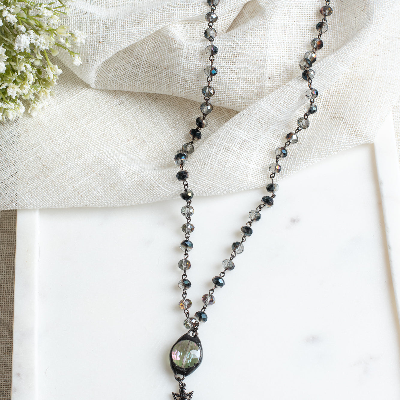 Fancy Black Crystal Pave Cross with Hand Soldered Crystal Connector on Black AB Crystal Rosary Chain